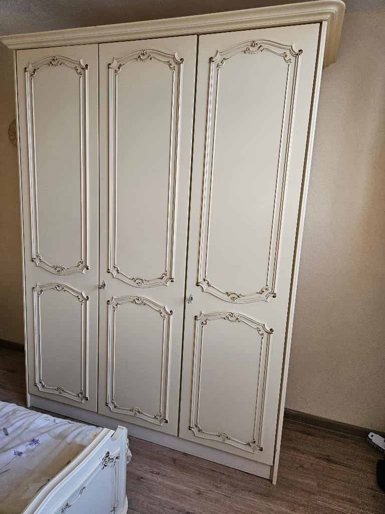 vintage garderobekast en mooi1-persoons ledikant  bed, Ophalen, 90 cm, Eenpersoons, Beige