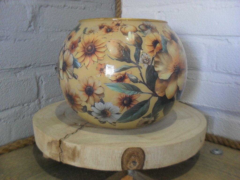 7 decoupage bol vaas bloemen/okergeel, Handgemaakt, Geel, Nieuw, Glas