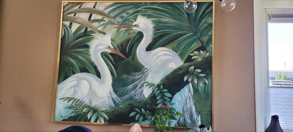 Schilderij met Reigers in Tropische Omgeving, Ophalen of Verzenden