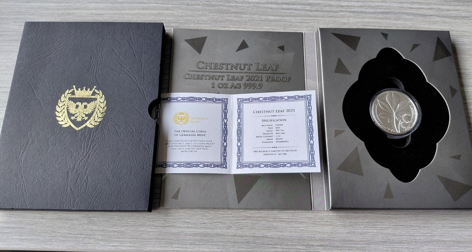 Germania Mint Chestnut Leaf 2021 Proof 1 oz AG 999.9, Ophalen of Verzenden, Zilver