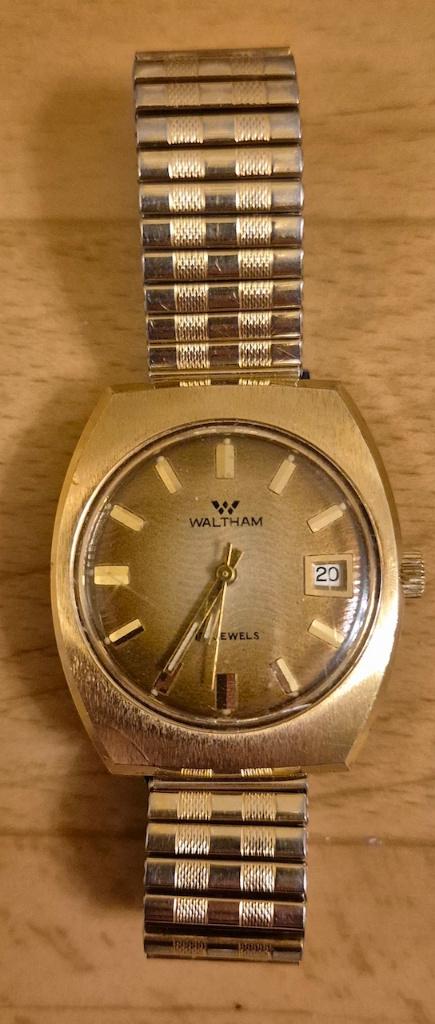 Waltham vergulde mechanische herenhorloge met datum., Overige merken, Staal, Met bandje, Polshorloge