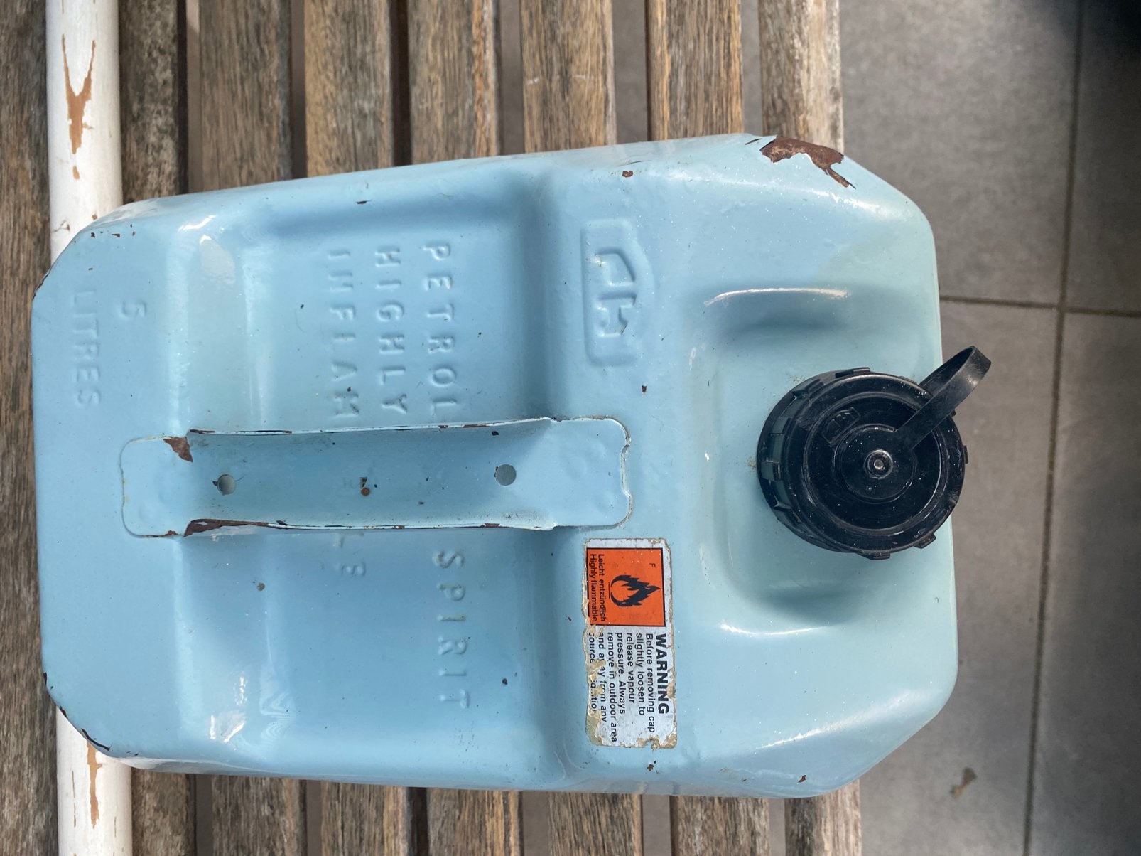 Olie kan, jerrycan voor oldtimer? Auto, grijs blauw email., Auto diversen, Overige Auto diversen, Ophalen of Verzenden
