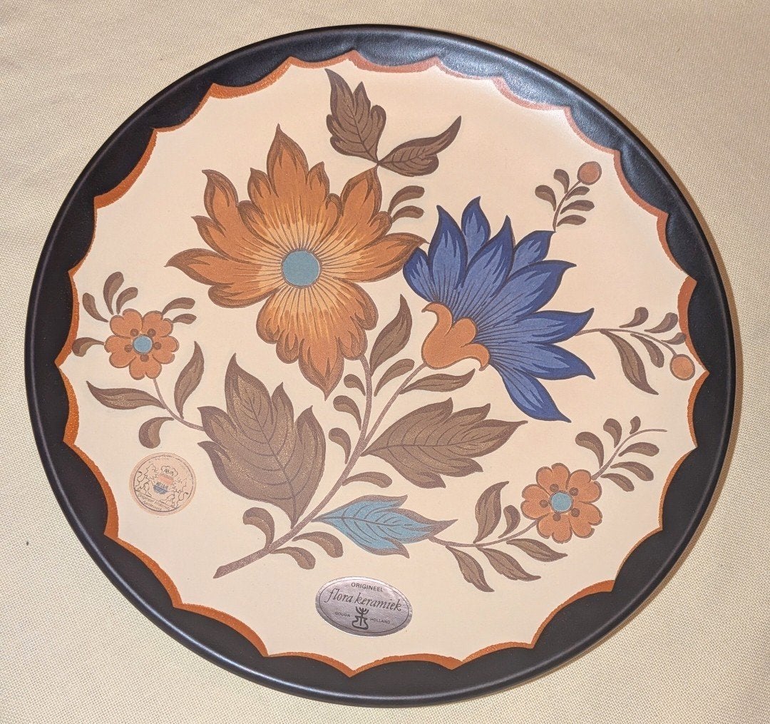 Vintage Flora Gouda Plateel Wandbord - Handwerk - 25 cm, Antiek en Kunst, Ophalen of Verzenden