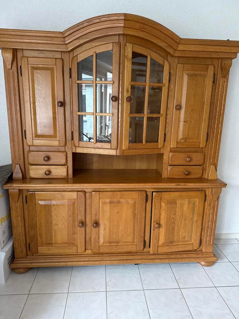 Massief eiken dressoir/kast met vitrine en lades, Ophalen, 100 tot 150 cm, Eikenhout, Zo goed als nieuw