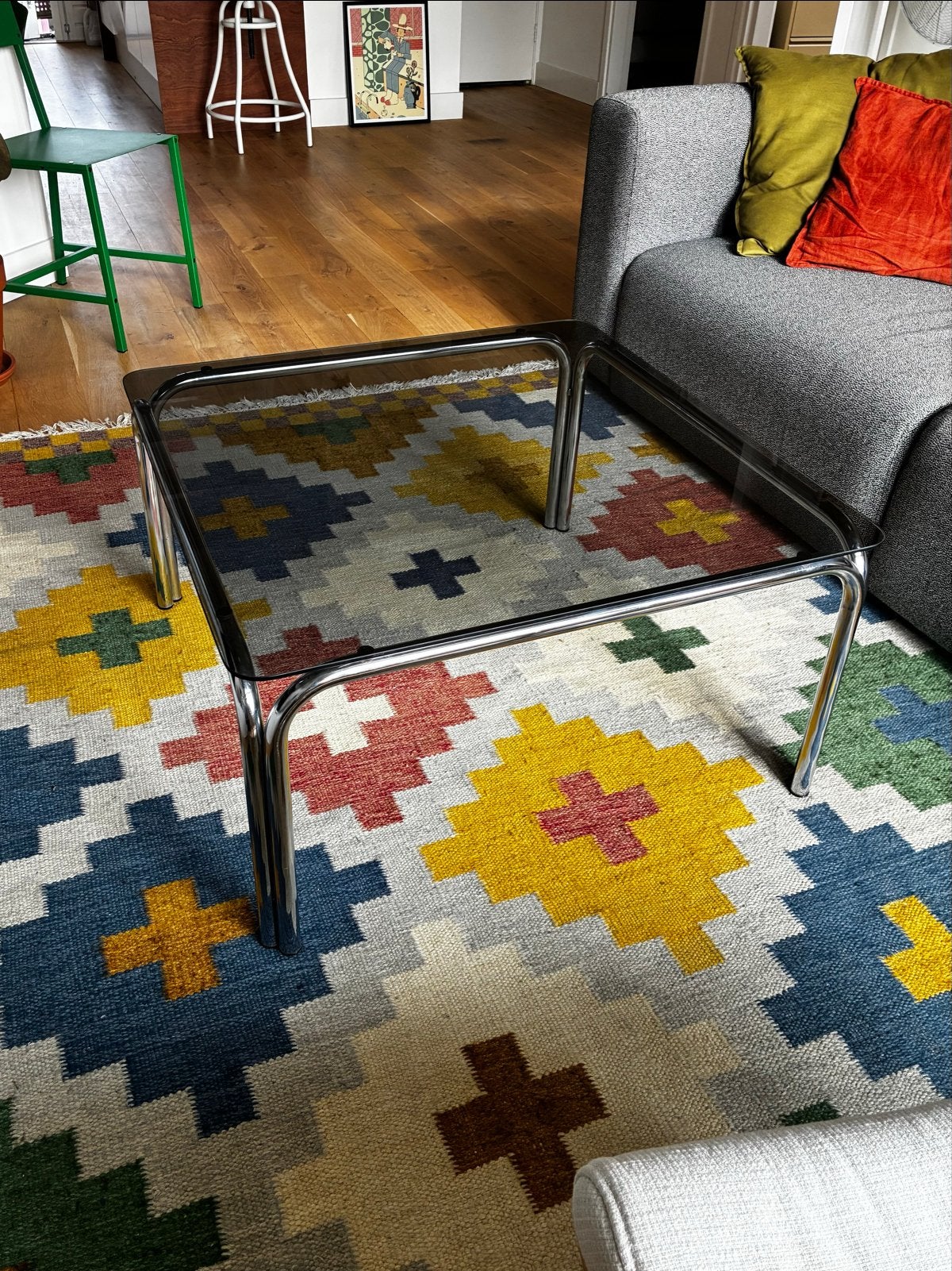 Salontafel met Rookglas en Chroom Onderstel, Gebruikt, 50 tot 100 cm, 50 tot 100 cm, Glas