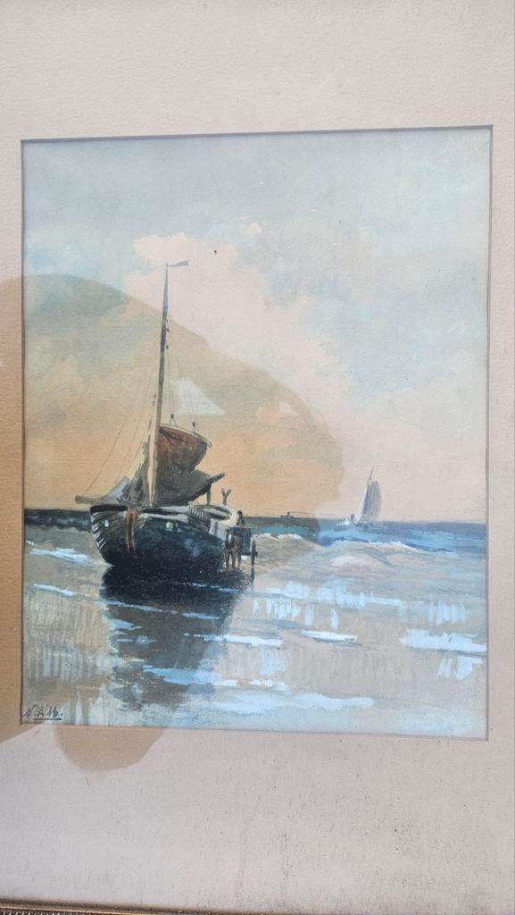Antiek schilderij bomschuit op het strand, Antiek en Kunst, Ophalen of Verzenden