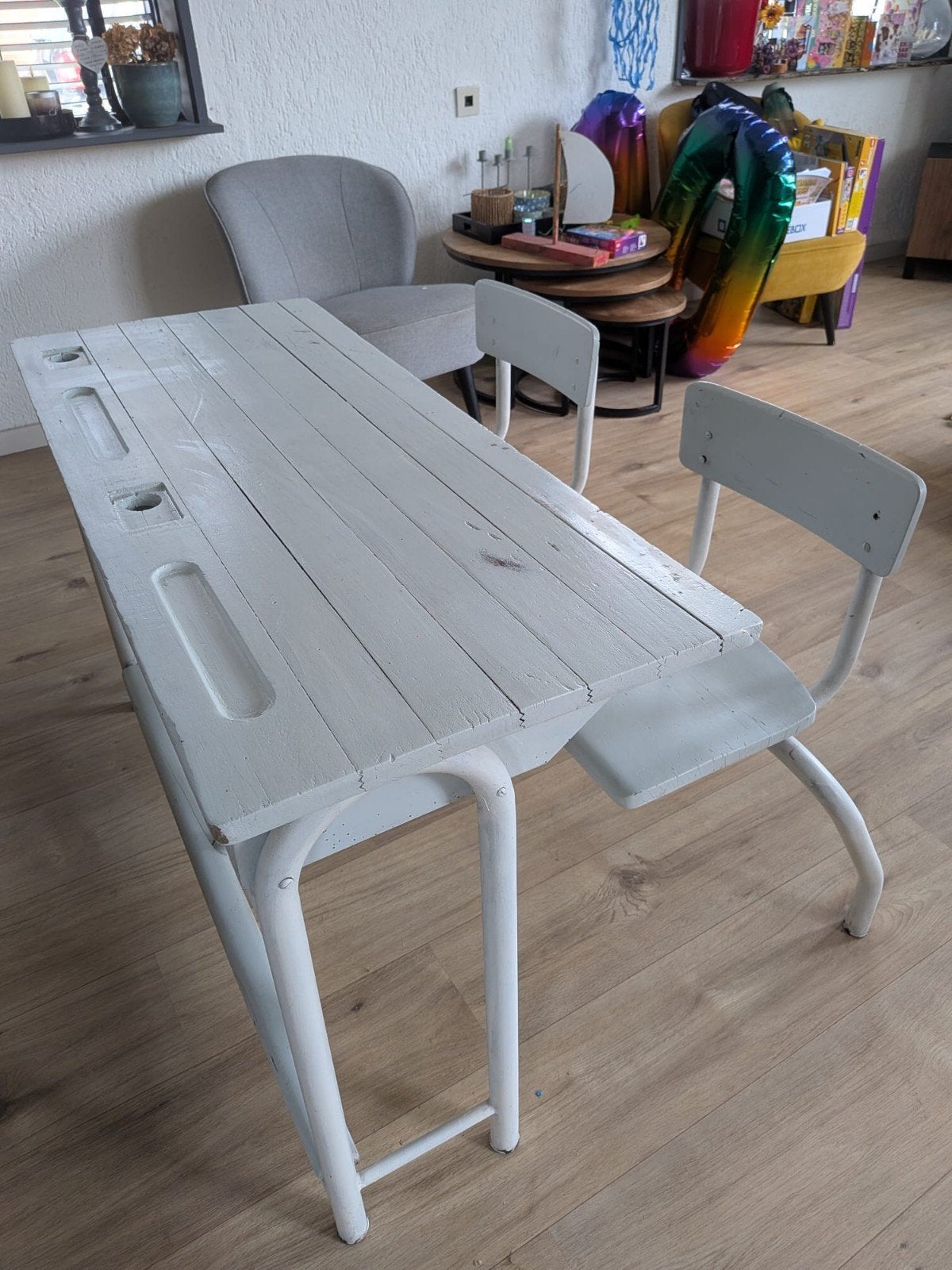 Vintage schooltafel met stoeltjes - Wit geverfd, Ophalen