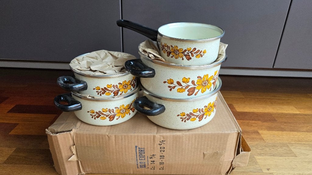 Retro pannenset met bloemen (nieuw), Ophalen, Nieuw, Overige materialen, Pannenset