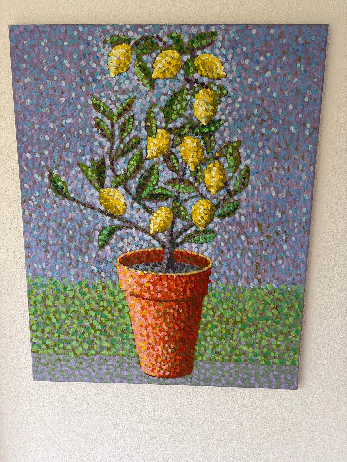 Schilderij Citroenboom in pot - Pointillistische stijl, Ophalen, Overige stijlen, Doek, Stilleven