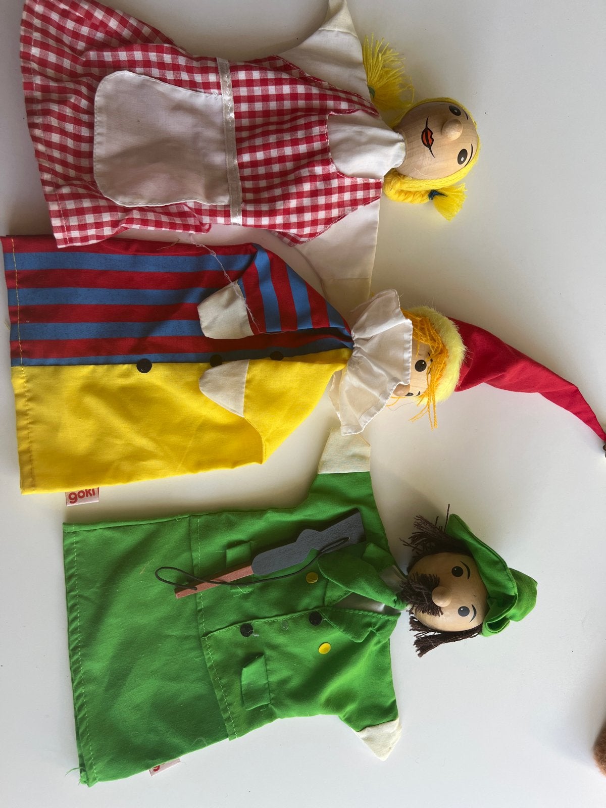 Set van 3 Goki handpoppen: boer, boerin en clown, Ophalen of Verzenden, Gebruikt, Overige typen