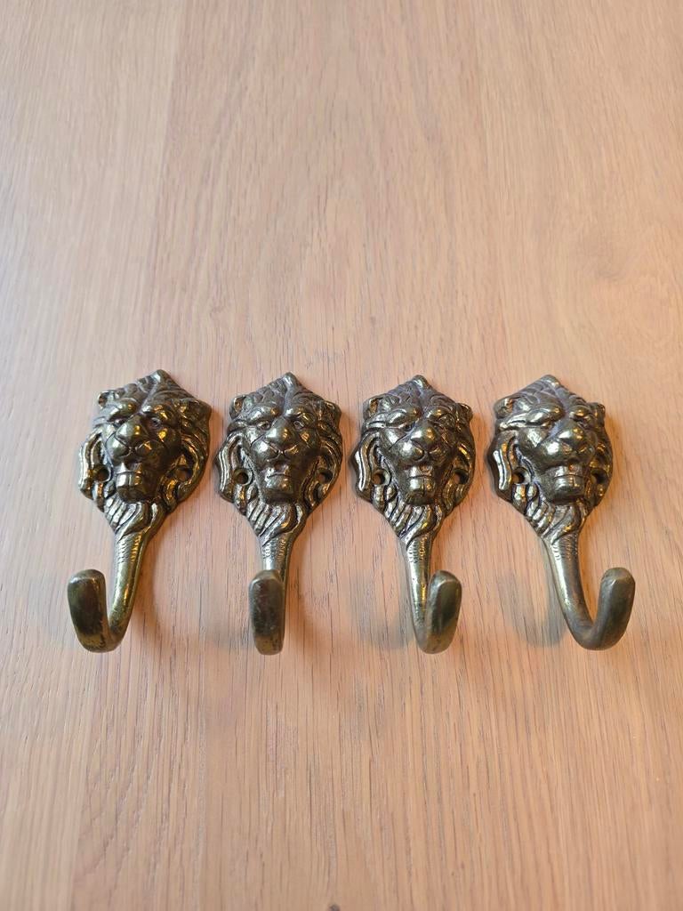 Set van 4 leeuwenkop messing antieke kapstokhaken, muurhaak, Antiek en Kunst, Ophalen of Verzenden