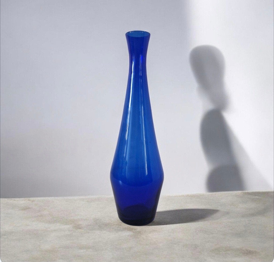 vintage blauwe vaas Kobalt blauwe glazen vaas - 32 cm hoog, Ophalen of Verzenden