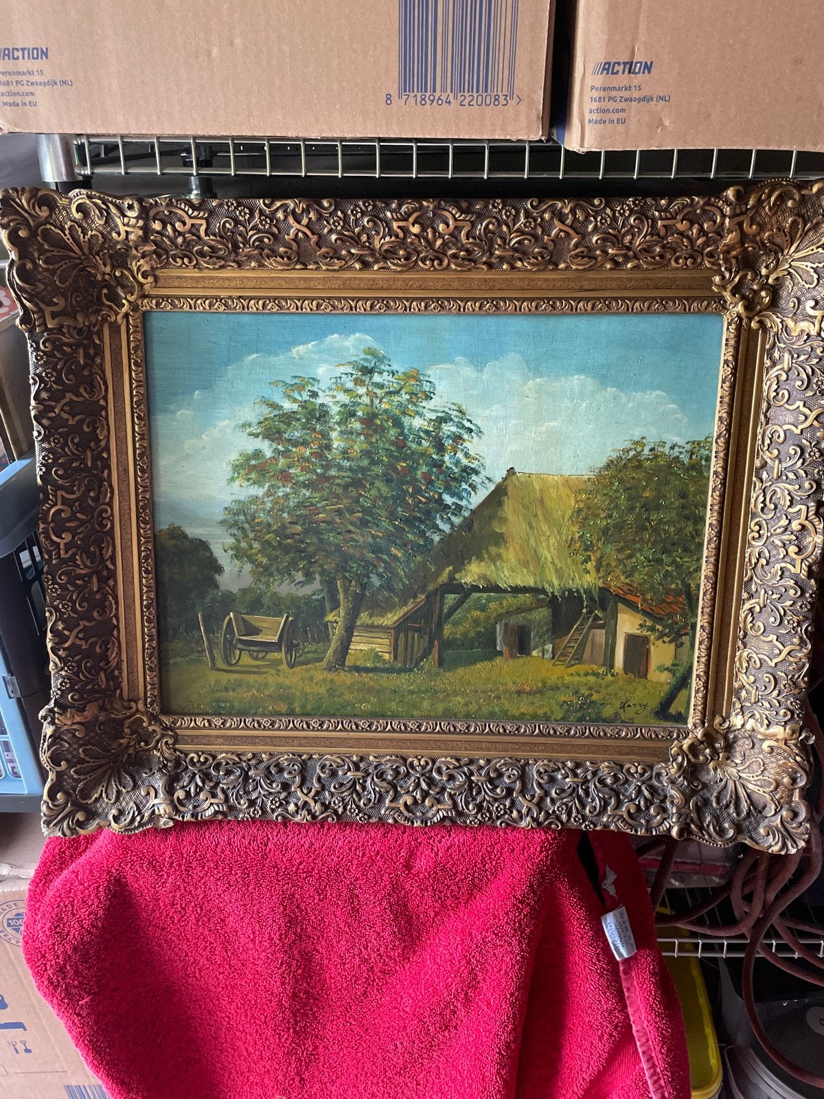 Schilderij: Landelijk tafereel met boerderij en kar, Ophalen, Doek, Realistisch, Landschap