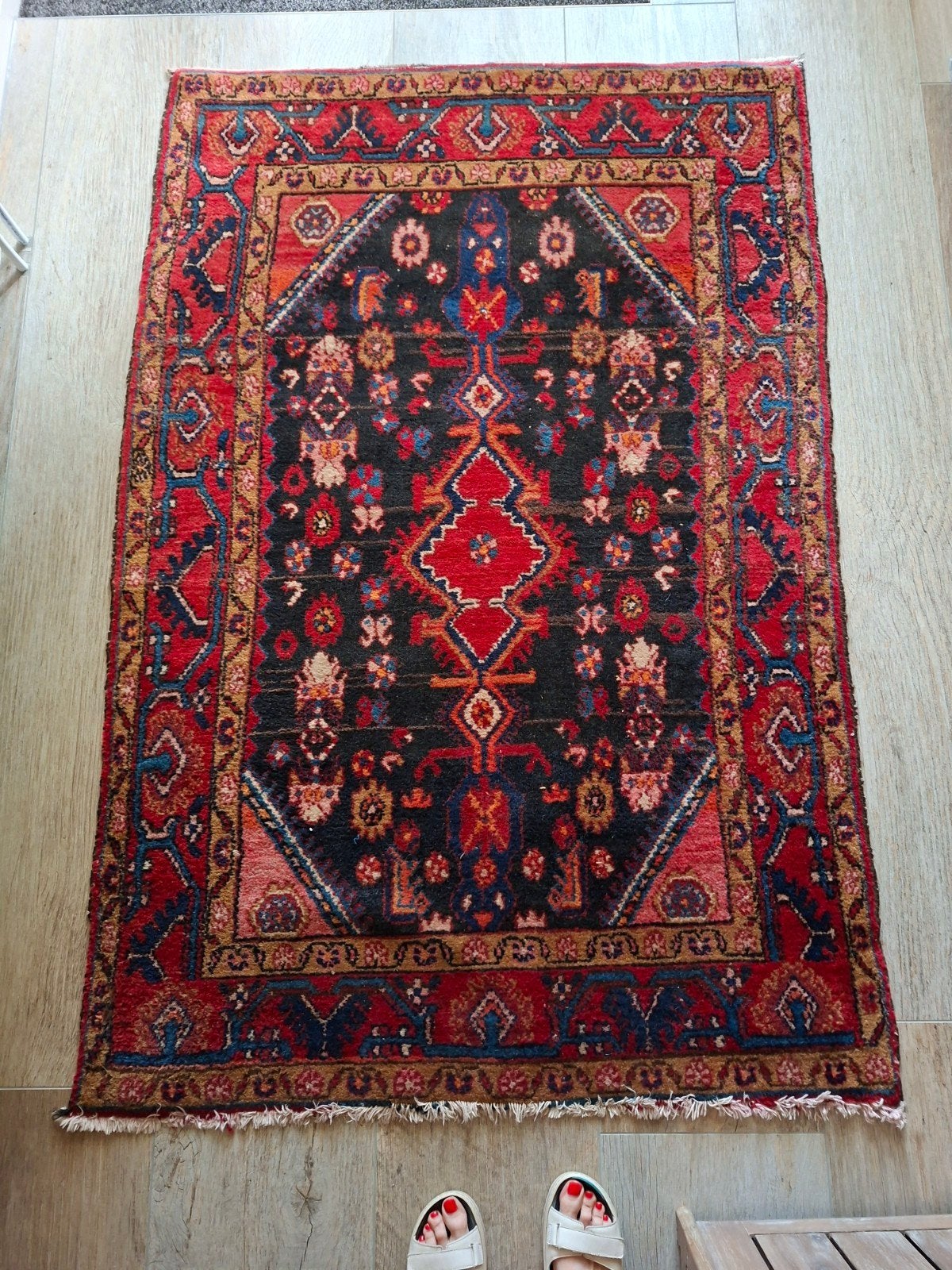 Vintage Perzisch tapijt - Rood, Zwart, Blauw - 1.68m x 1.10m, Ophalen, Blauw, Gebruikt, 100 tot 150 cm