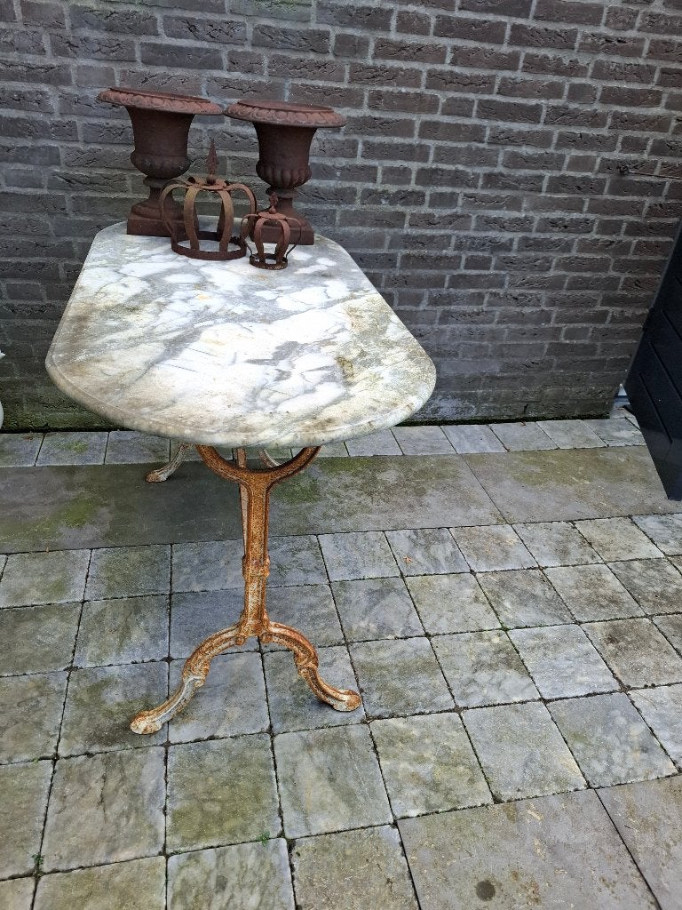 Gietijzeren tuintafel met marmeren blad, Ophalen, Gebruikt, Ovaal, Overige materialen