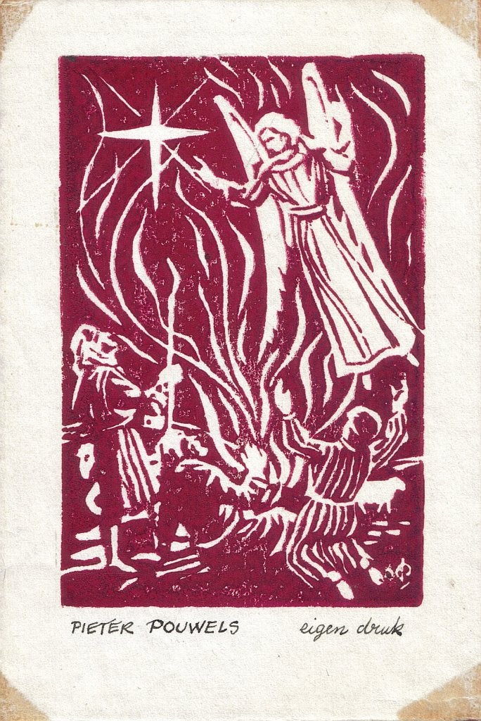 Pieter Pouwels wenskaart linosnede "Kerstnacht " gesigneerd, Ophalen, 1940 tot 1960, Ongelopen, Feest(dag)