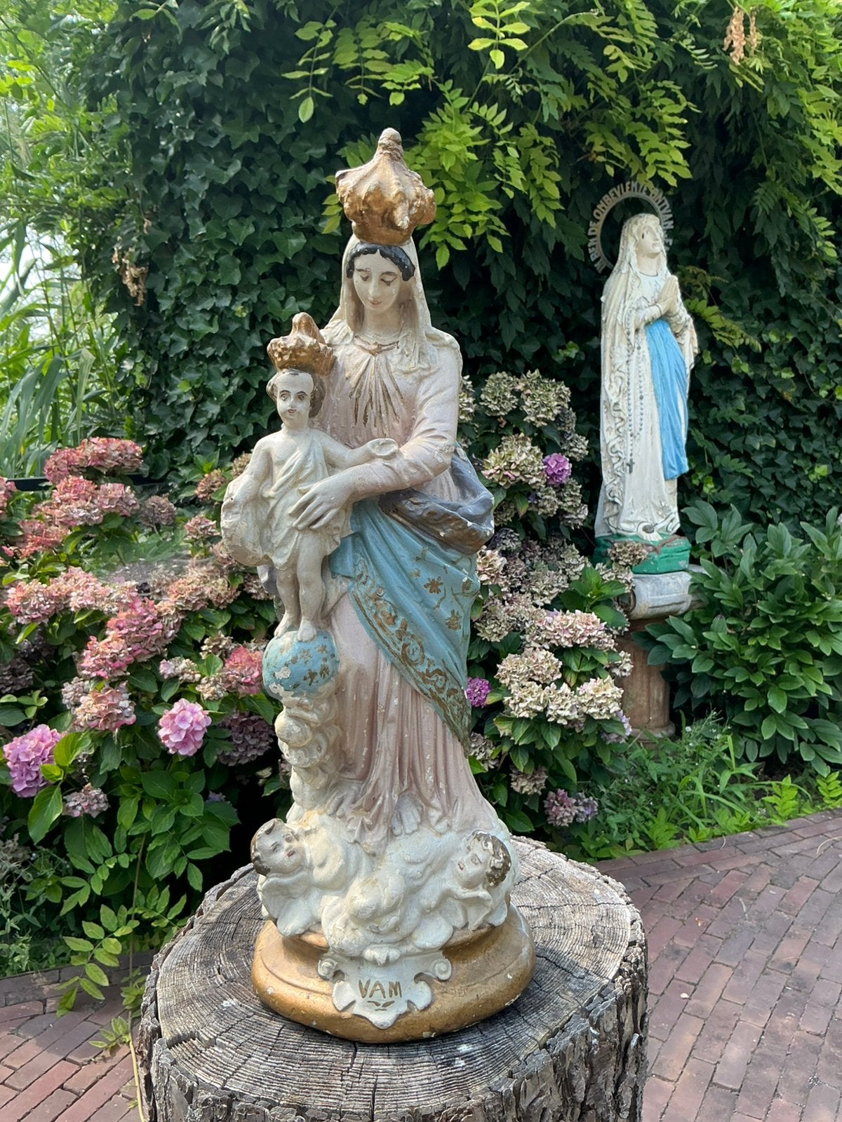 Antiek Gipsen Mariabeeld ❤️ Maria met Kind en Engeltjes, Ophalen of Verzenden