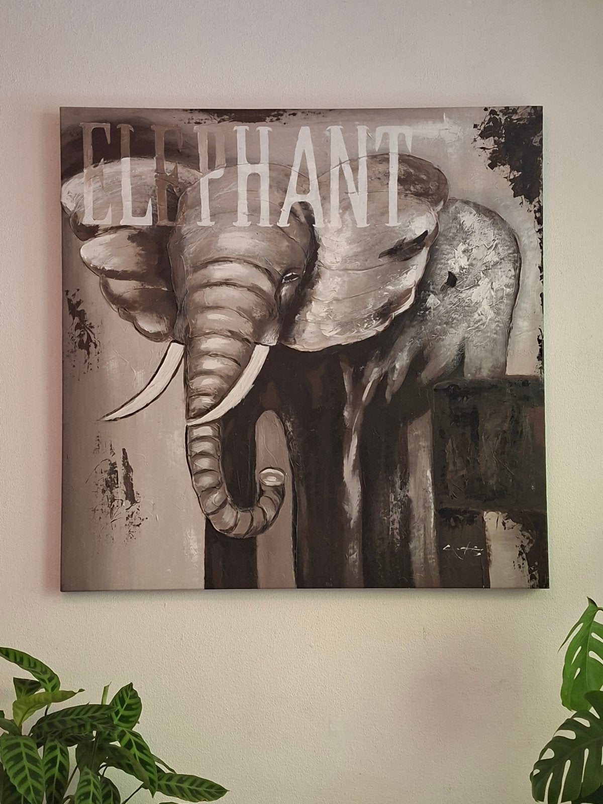 Schilderij olieverf olifant 100x100 cm op doek, Antiek en Kunst, Ophalen