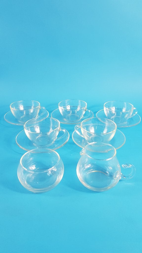 Arcoroc theeservies helder glas. Roomstel, 5 kop/schotel 6B8, Tweedehands verkoop, Tweedehands verkoop, Gebruikt, Ophalen of Verzenden