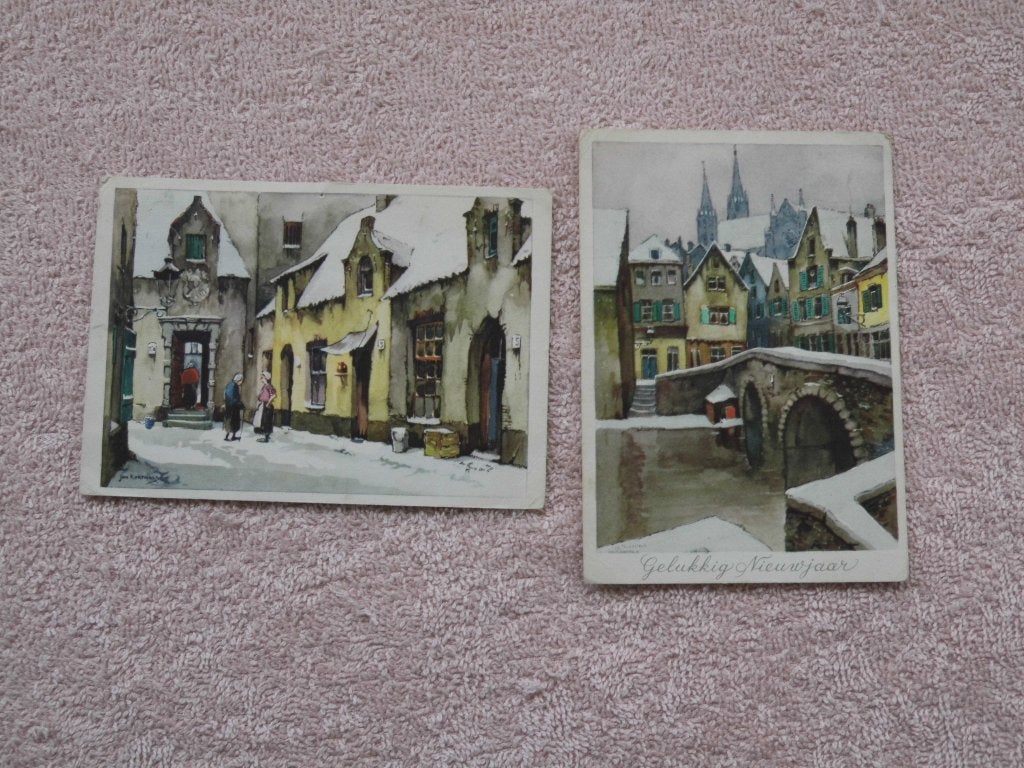 2 maal - Winterse Stadsgezichten. Jan Korthals, Ophalen of Verzenden, Voor 1920, Gelopen, Stad of Dorp