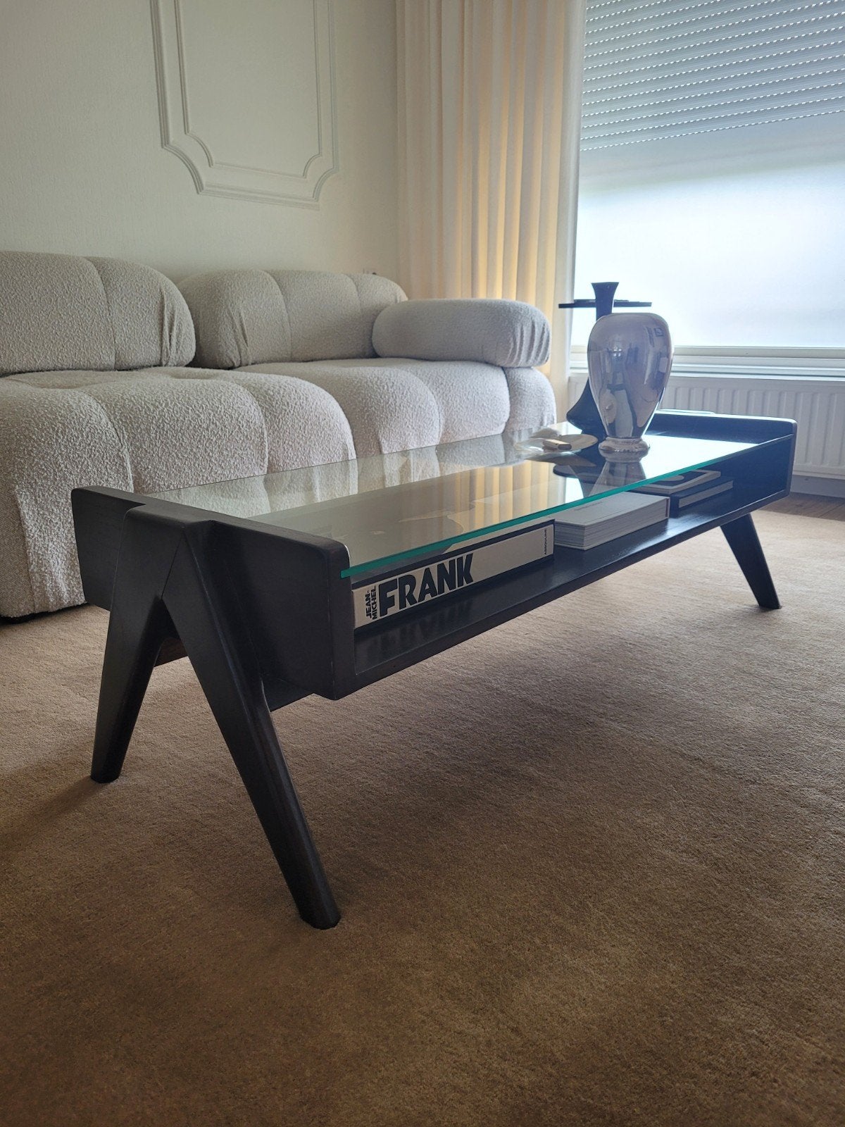 Detjer midcentury salontafel Pierre Jeanneret style, Ophalen, 100 tot 150 cm, 50 tot 100 cm, Glas
