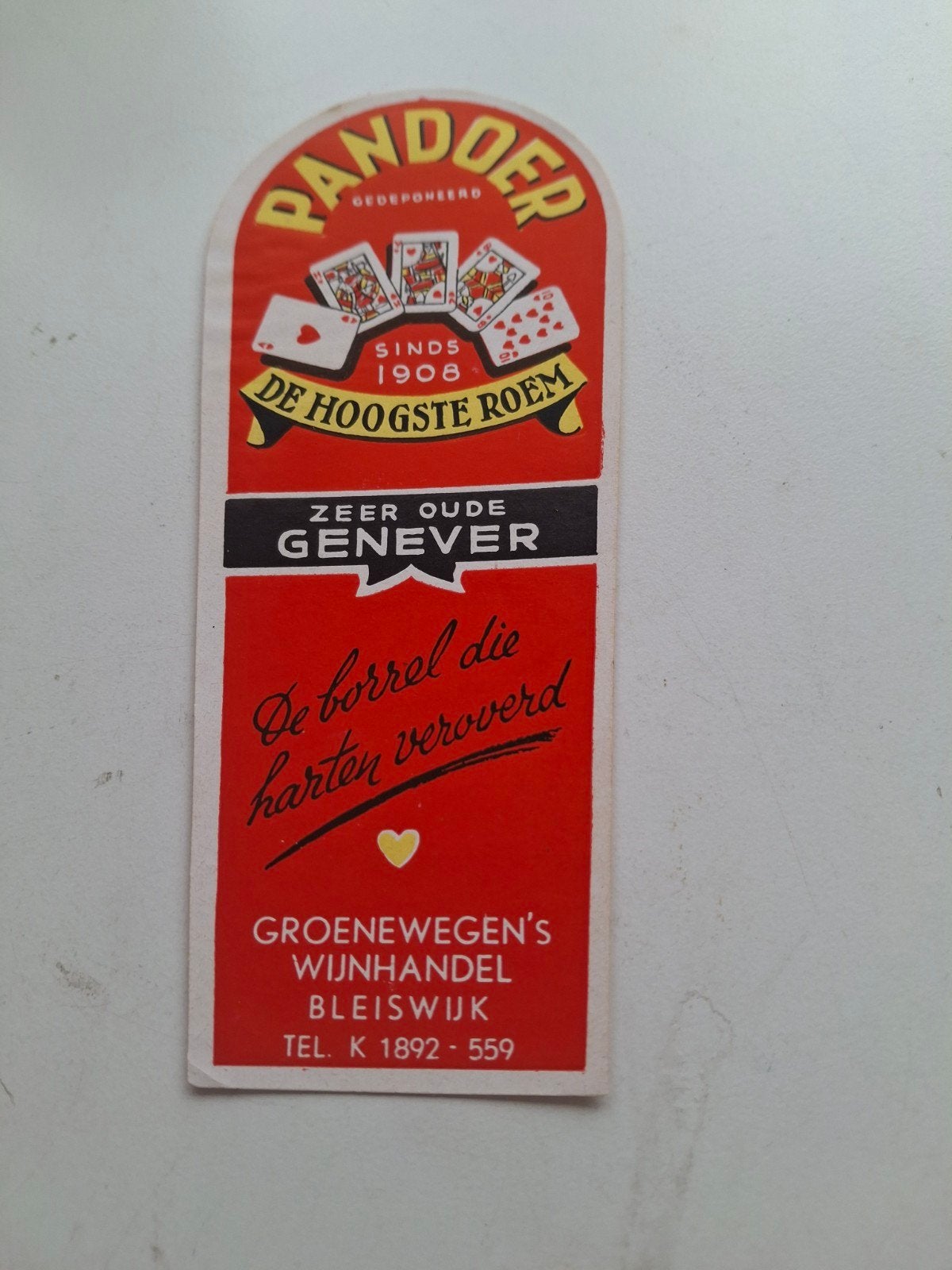 etiket Pandoer zeer oude jenever., Ophalen of Verzenden, Zo goed als nieuw, Overige typen