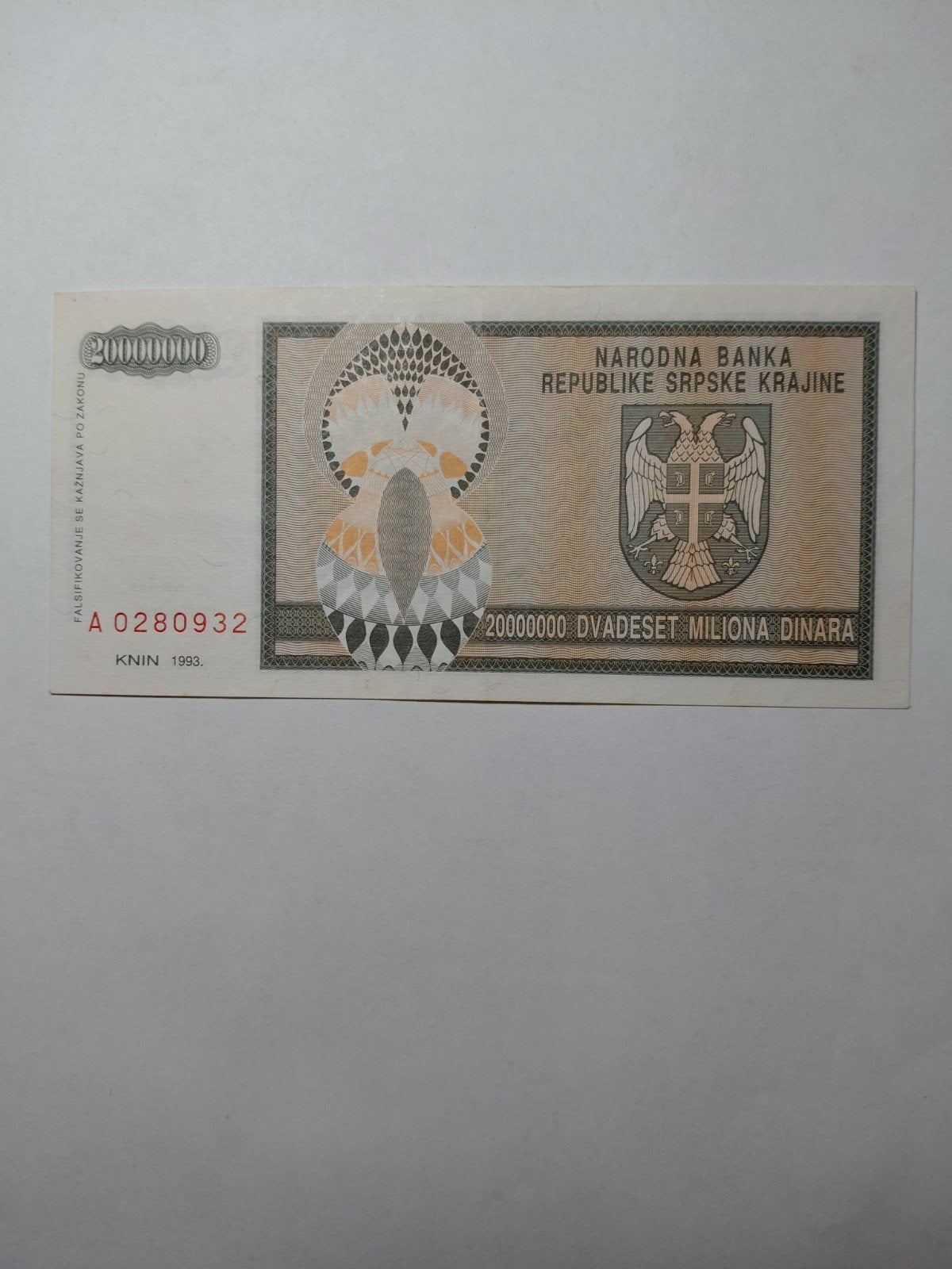 Kroatië 20 miljoen dinara 1993, Ophalen of Verzenden, Overige landen