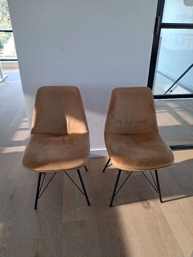 2 Moderne Eetkamerstoelen – Cognac Velours, Ophalen, Gebruikt, Twee, Overige kleuren