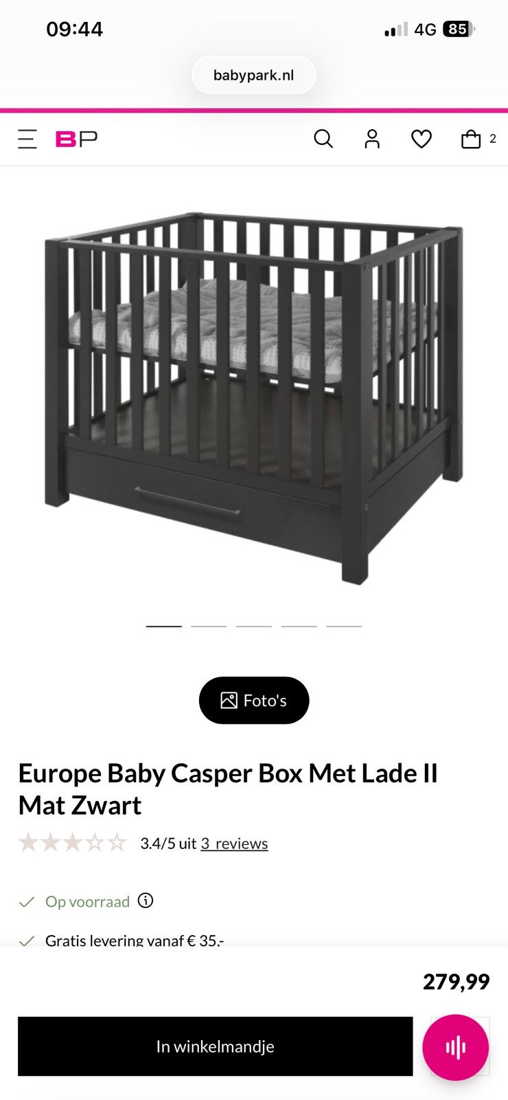 Europe Baby Casper Box Met Lade II Mat Zwart, Ophalen, Zo goed als nieuw, Lade