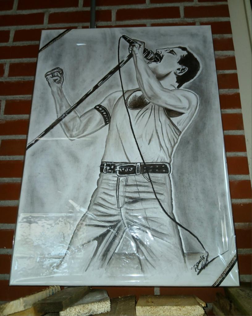 Houtskool tekening queen freddy Mercury "Wembley" iconisch, Antiek en Kunst, Kunst | Schilderijen | Modern, Ophalen of Verzenden