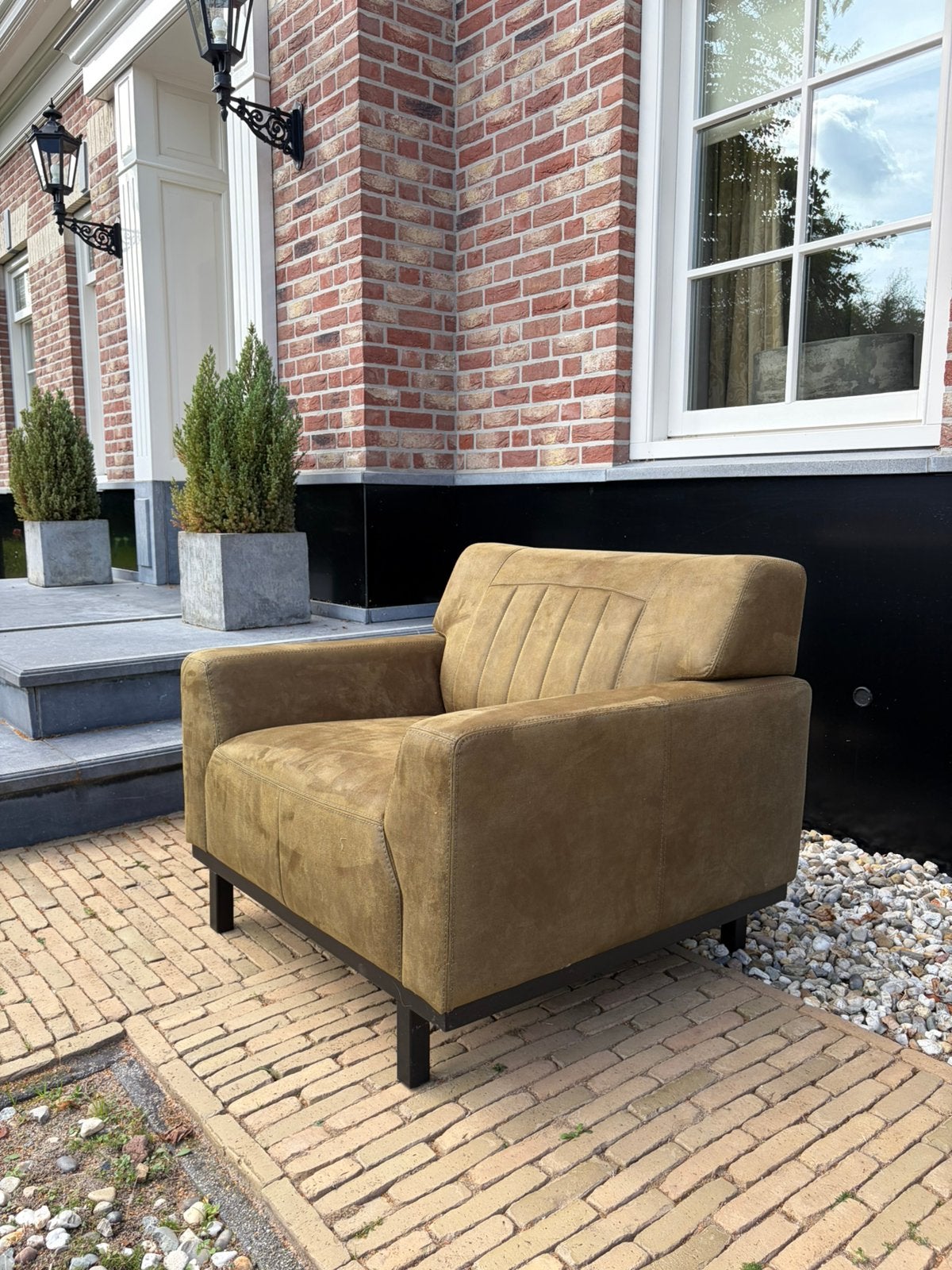 Fauteuil industrieel mos groen leer staal ZGAN, Ophalen, Industrieel stoer, 75 tot 100 cm, Zo goed als nieuw