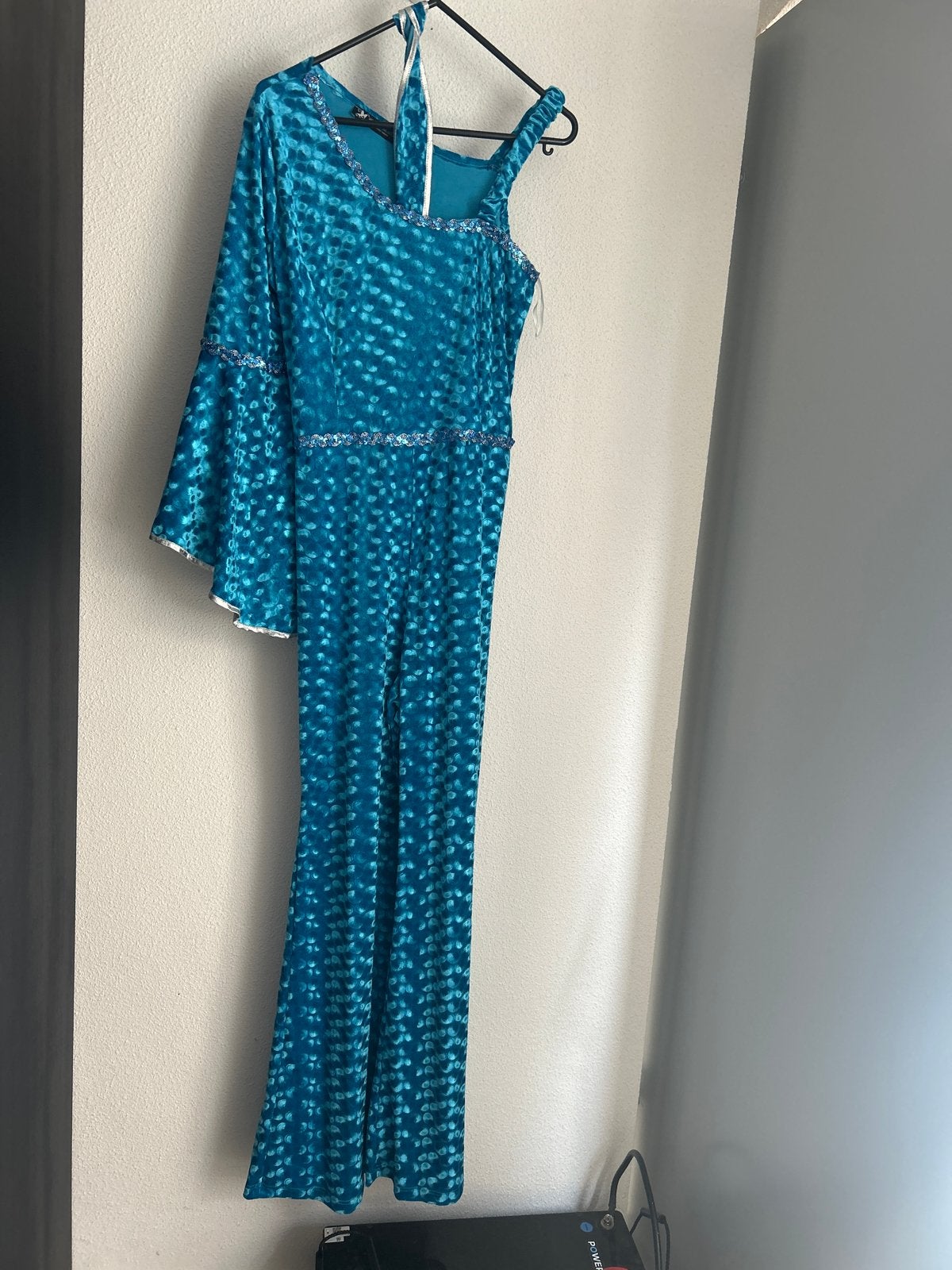 Abba broekpak - Turquoise glitter jumpsuit, Kleding | Dames, Maat 38/40 (M), Carnaval, Ophalen of Verzenden, Zo goed als nieuw