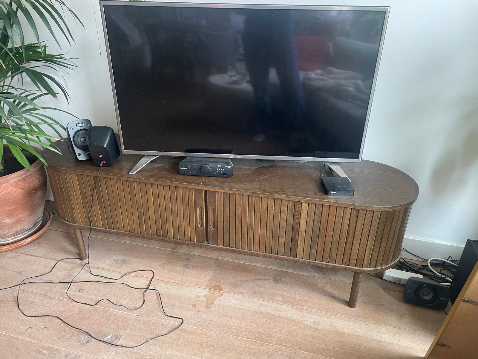 LYNGVIG TV-meubel 160cm 2 tambour deuren naturel eiken, Ophalen, 150 tot 200 cm, Eikenhout, Zo goed als nieuw