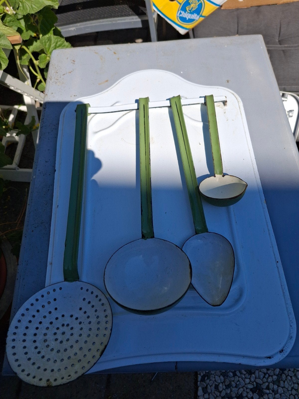 Vintage geëmailleerde rek met keukengerei, Ophalen of Verzenden