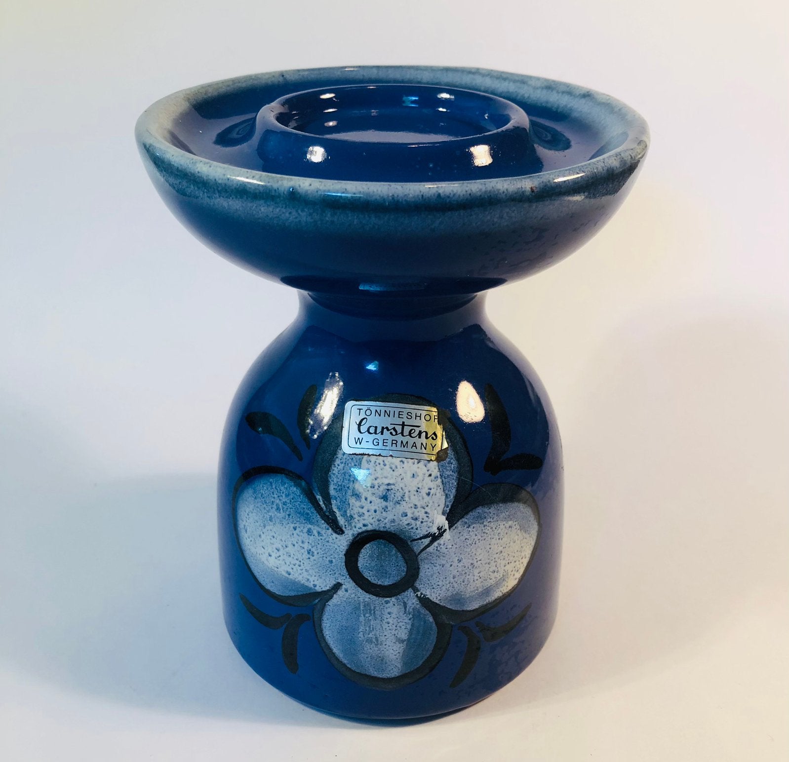 Keramische kaarskandelaar, blauw met witte bloem erop, Ophalen of Verzenden