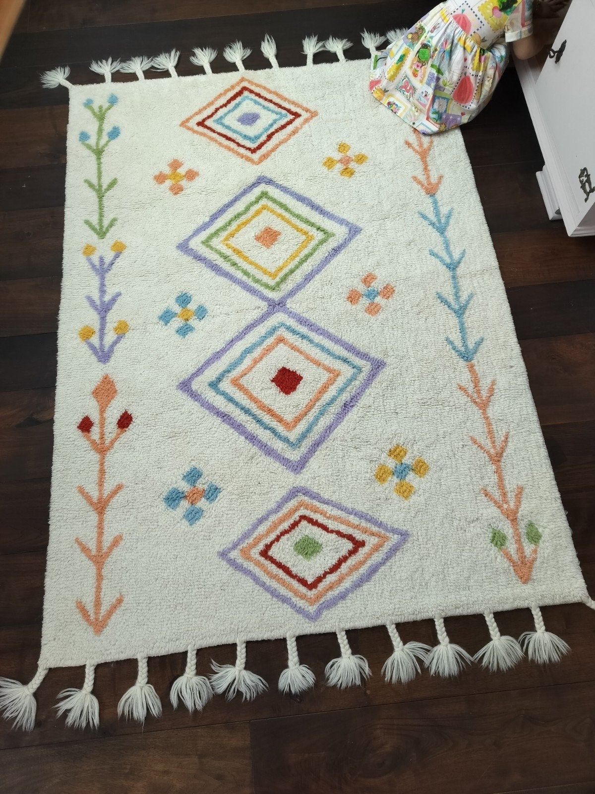 Kleurrijk Wollen Boho Vloerkleed Kinderkamer - 120x170 cm, Ophalen, 100 tot 150 cm, Zo goed als nieuw, Rechthoekig