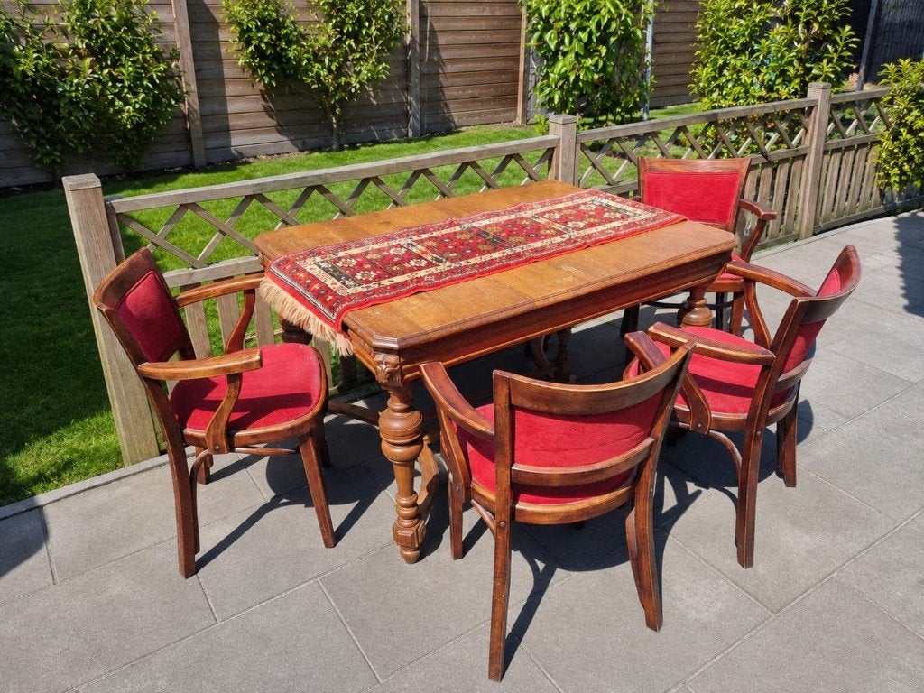 Antieke kroeg tafel eettafel met bijpassende stoelen, Huis en Inrichting, Ophalen, Gebruikt, 50 tot 100 cm, Eikenhout