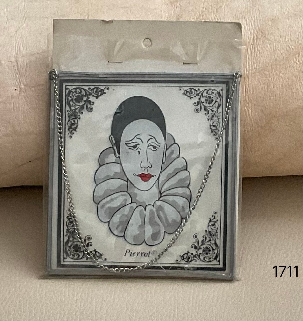 Vintage Pierrot Glazen Plaatje met Ketting, Ophalen of Verzenden