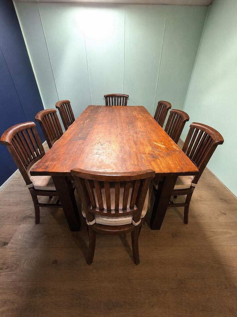 Teak houten eettafel (antiek 200 jr) en 8 stoelen, Huis en Inrichting, Complete eetkamers, Ophalen, Zo goed als nieuw, Teak hout
