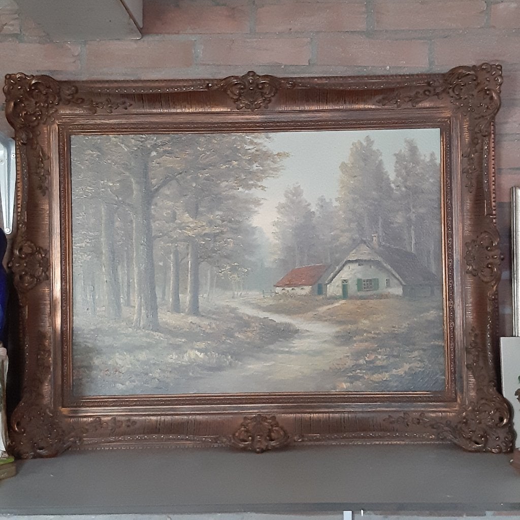 mooi groot schilderij landschap in mooie lijst , gesigneerd, Ophalen, Doek, Landschap, Olieverf
