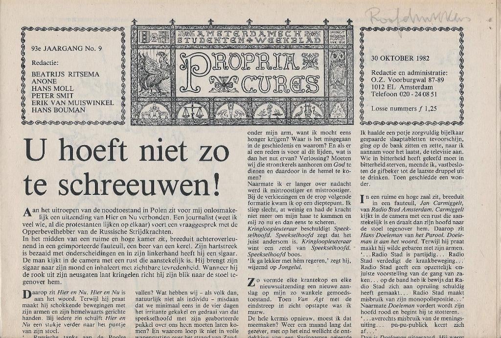 Propria Cures - 30 oktober 1982., Ophalen of Verzenden, Zo goed als nieuw, Muziek, Film of Tv