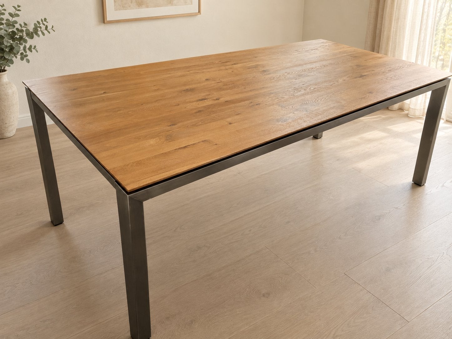 Goossens Switch eettafel 220 x 100 cm – massief eiken – RVS, 200 cm of meer, Zo goed als nieuw, Rechthoekig, 50 tot 100 cm