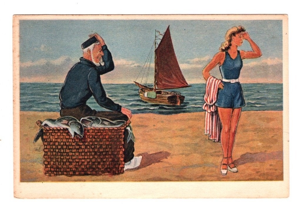 Oude Ansichtkaart Visser en Dame in Zwempak Strand, Ophalen of Verzenden, 1940 tot 1960, Ongelopen, Ambachten of Beroep