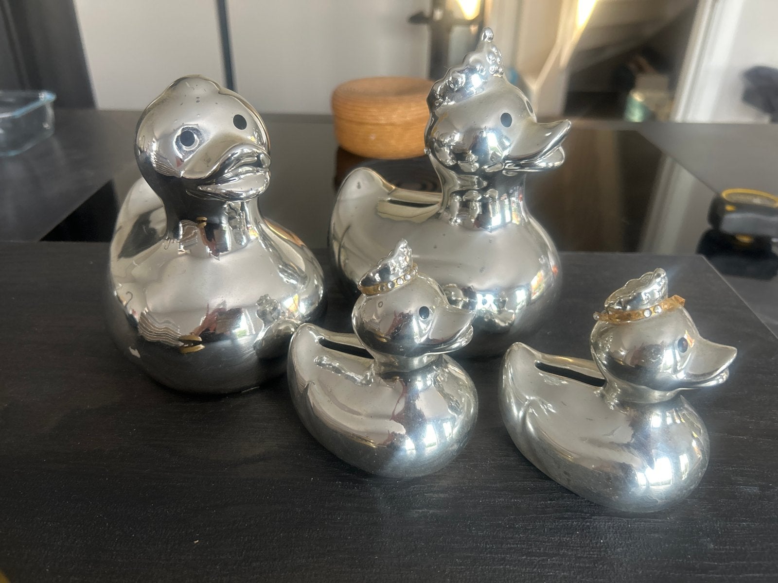 Set van 4 zilverkleurige eend spaarpotjes, Ophalen of Verzenden, Gebruikt, Overige materialen, Dier