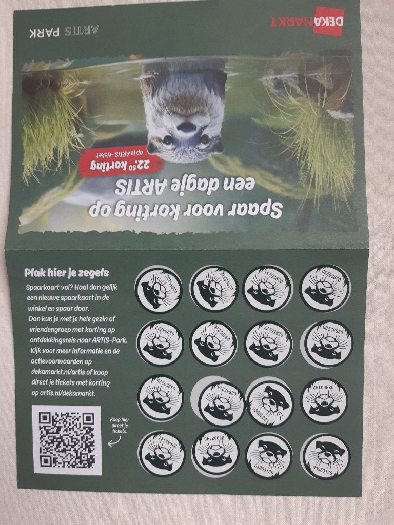 artis kaartje(s) vd Dekamarkt. Geldig tot begin oktober, Tickets en Kaartjes, Recreatie | Dierentuinen, Twee personen, Kortingskaart