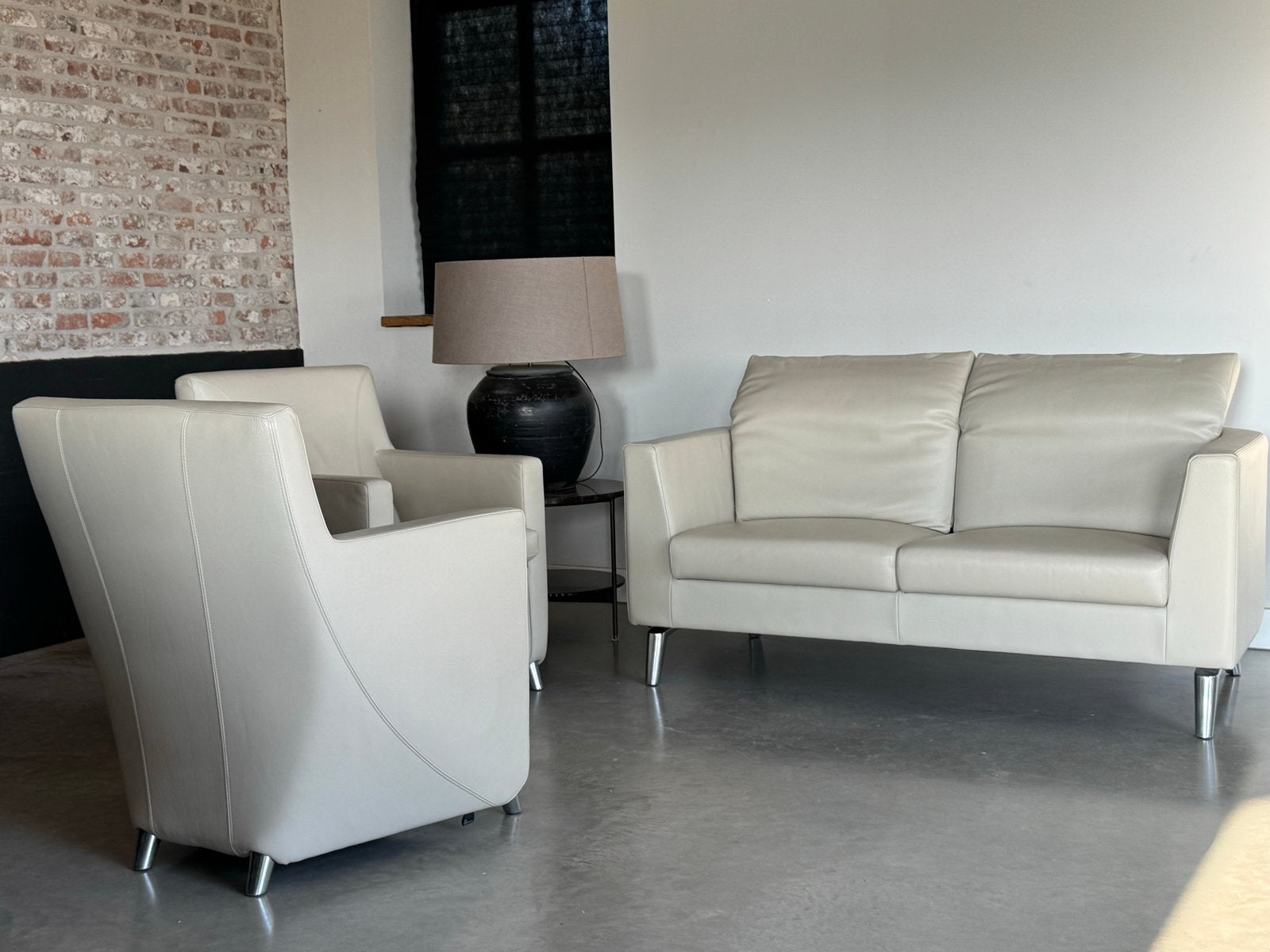 Leolux Bank en 2 Fauteuils -  als nieuw - leer - creme, Huis en Inrichting, X, 150 tot 200 cm, Tweepersoons, Ophalen of Verzenden