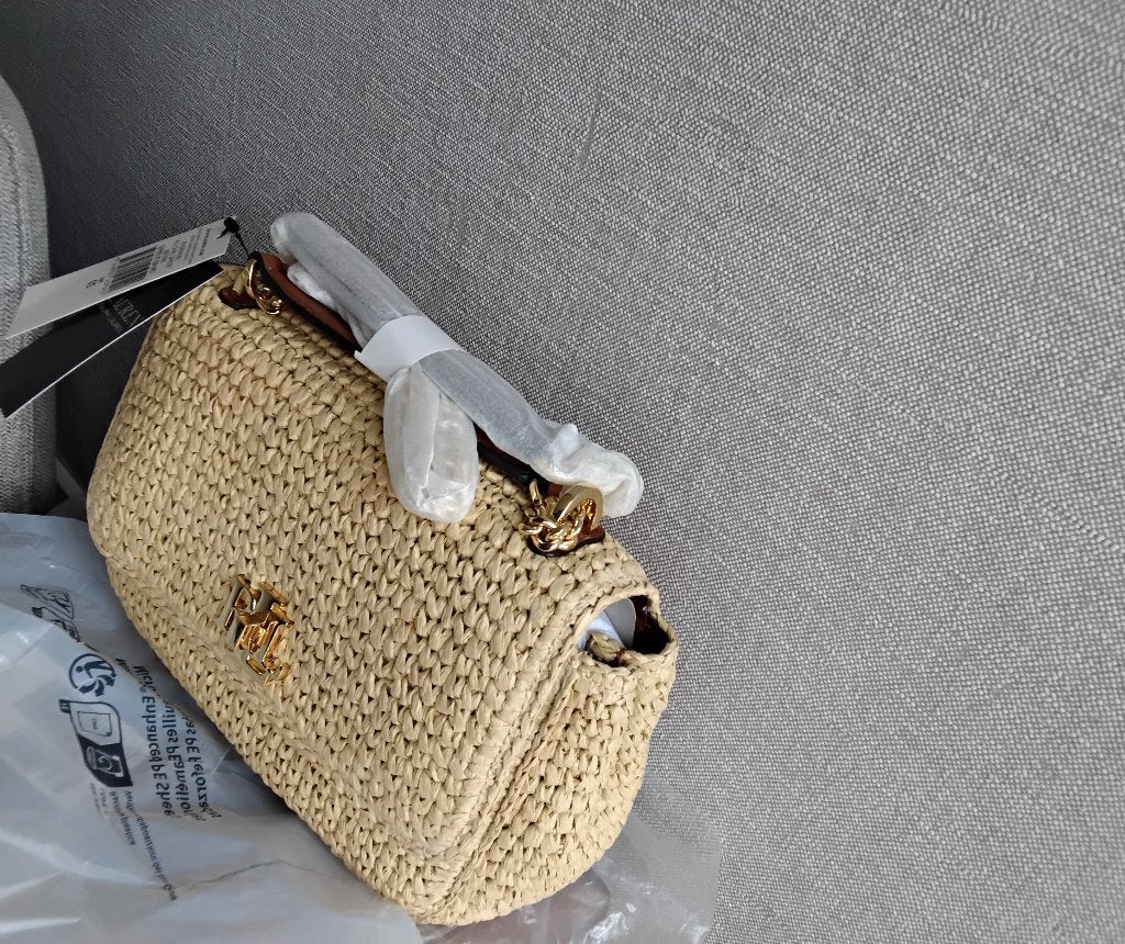 Ralph Lauren medium tas van geweven stro 'Sophee', Ophalen of Verzenden, Nieuw, Beige, Schoudertasje