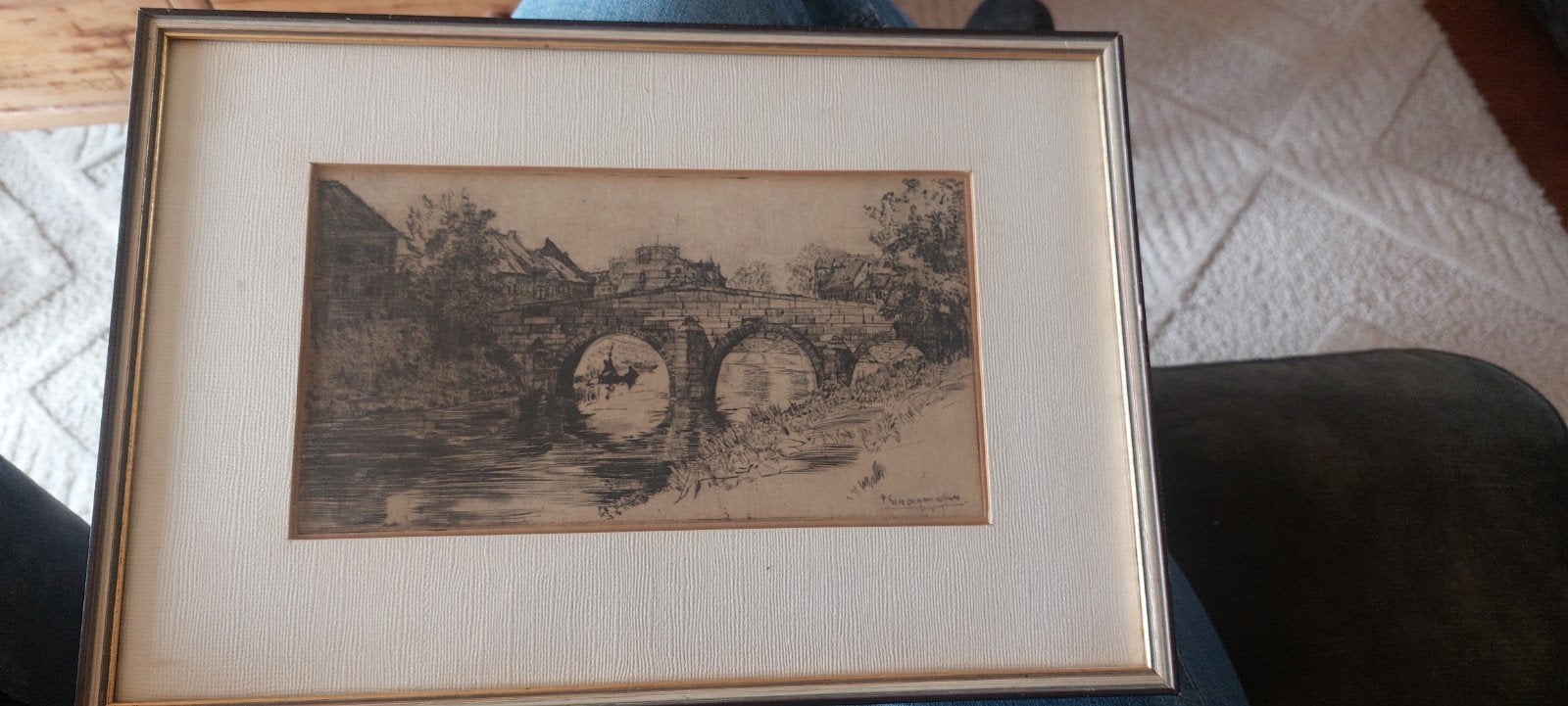 Ets van P. Schoenmakers: Brug met ruiter, Ingelijst, Ets, Ophalen of Verzenden, Landschap