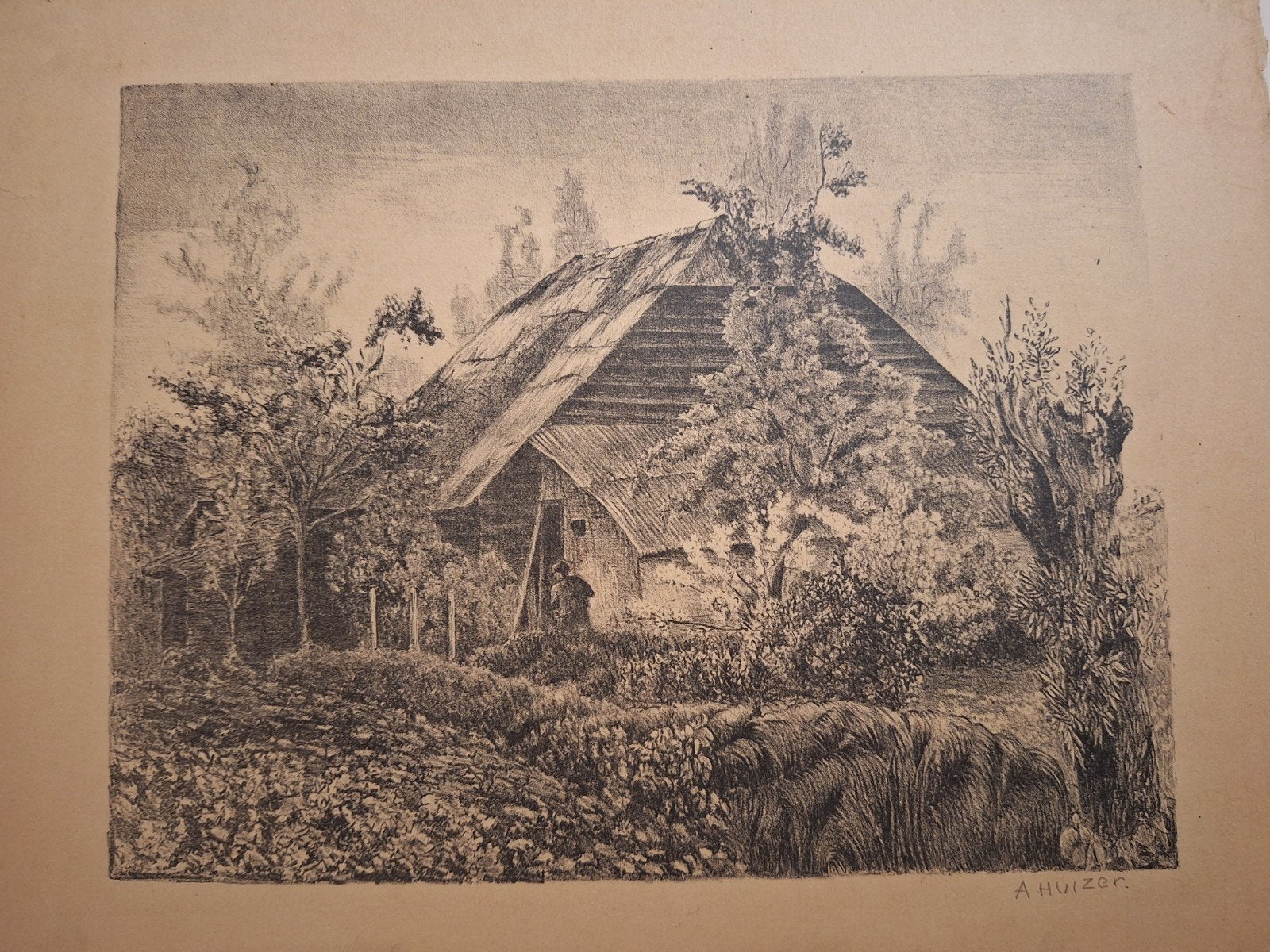 Lithografie van A. Huizer - Landelijk tafereel, Antiek en Kunst, Ophalen of Verzenden