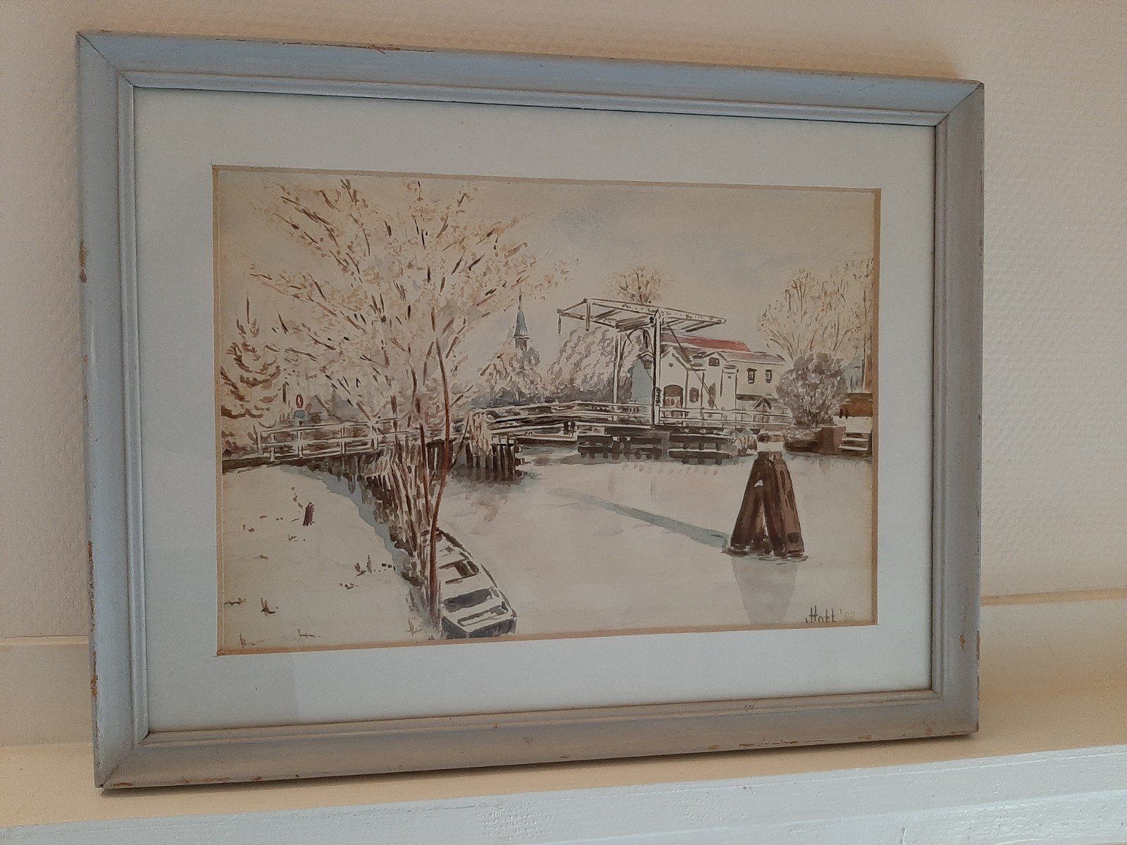 Ingelijste aquarel dorpsgezicht winter in friesland, Ophalen of Verzenden
